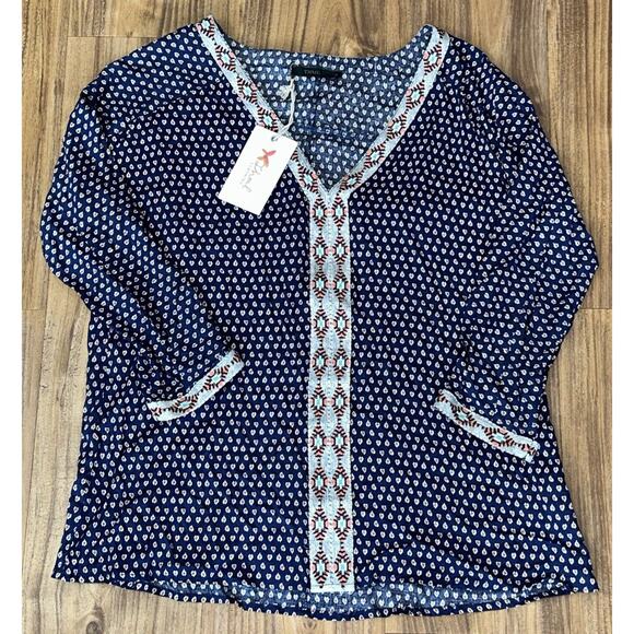 Thml Women’s Blue Print W/Embroidered Trim Boho Blouse 100% Rayon Size Med NEW - Picture 2 of 7